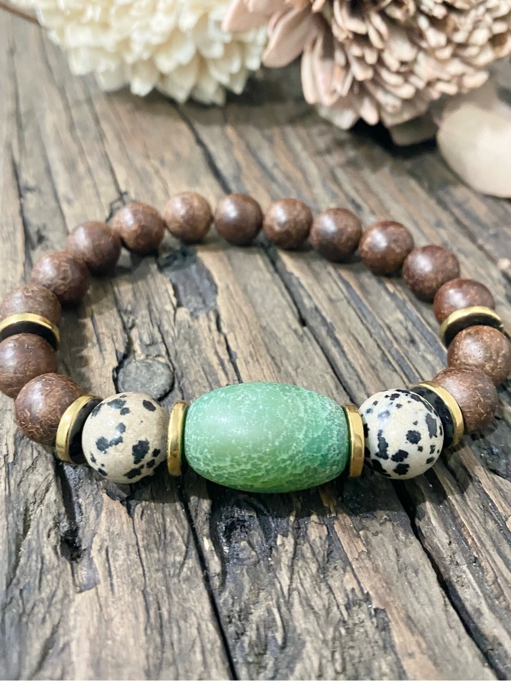 Sandalwood & Jasper Bead Stretch Bracelet with Gold & Big Glass Accent